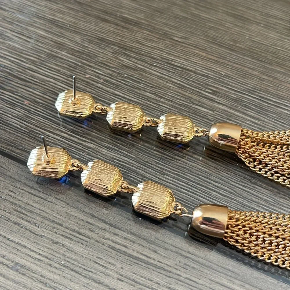 Long Dangling Pink & Purple Gold-tone Tassel Earrings